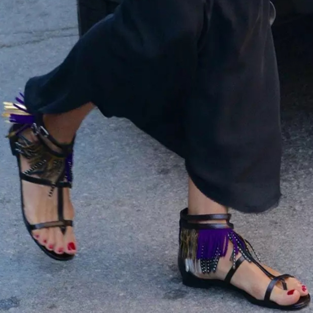 Saint Laurent Paris Leather Fringe Sandals 38 Black Authentic Women 38 1/2